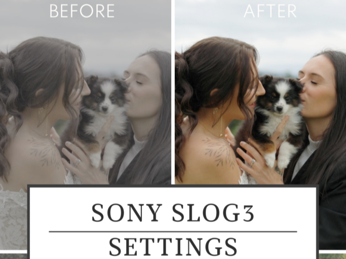 Before and after comparison of Sony S-Log3 footage showing flat, gray log image transformed into natural Rec.709 color with improved contrast, skin tones, and dynamic range.