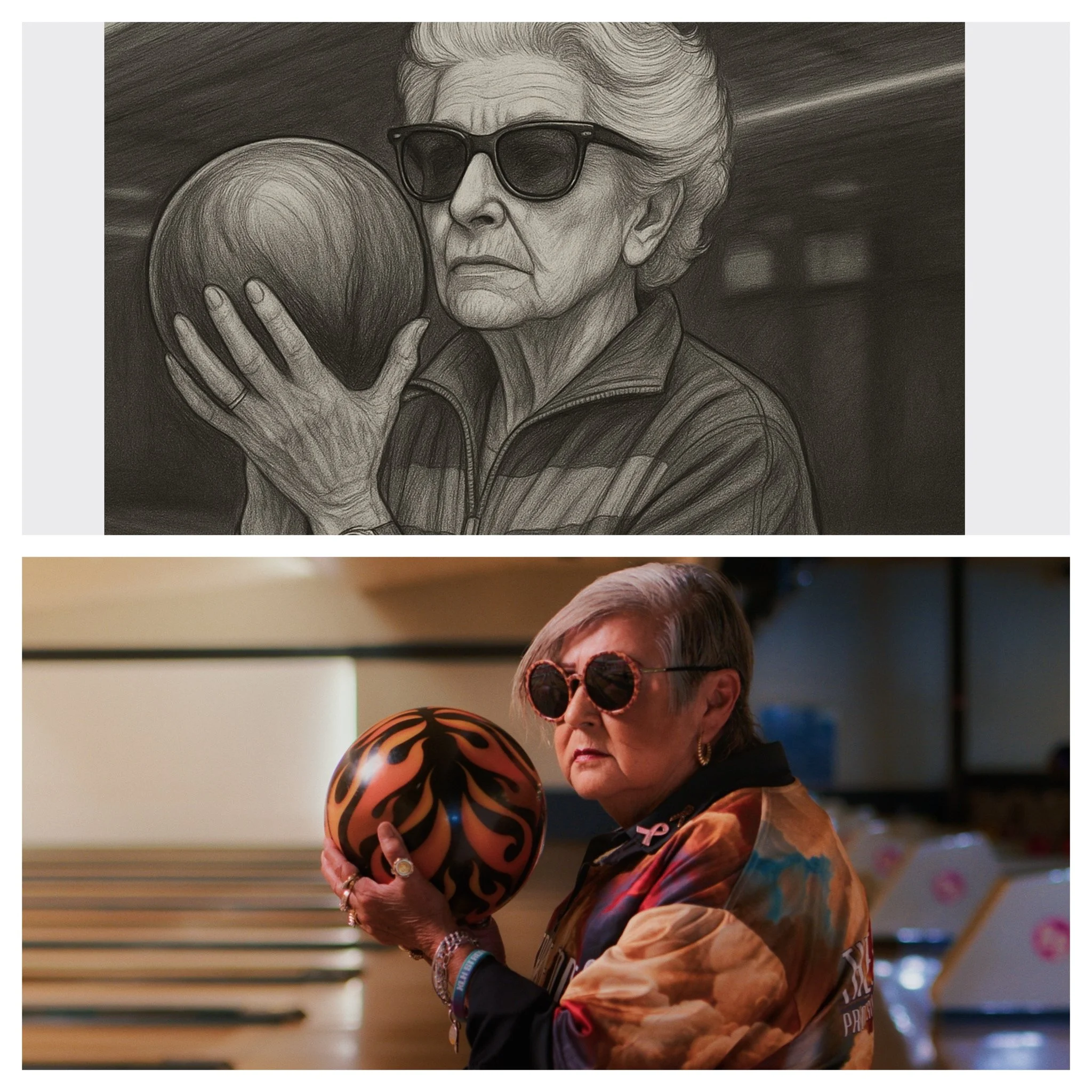 Concept to reality in video production pre-production — artistic sketch of a bowler compared with the final filmed scene.