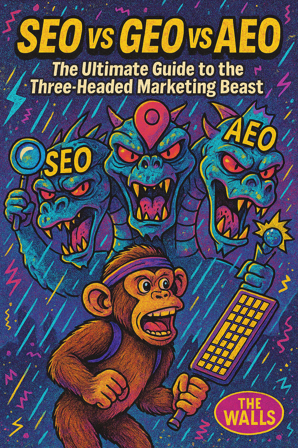 90s pop-art cover—The Walls chimp mascot charges through neon rain with a keyboard, facing a three-headed hydra: SEO (magnifying glass), GEO (map pin), AEO (mic). Headline: ‘SEO vs GEO vs AEO: The Ultimate Guide to the Three-Headed Marketing Beast.’