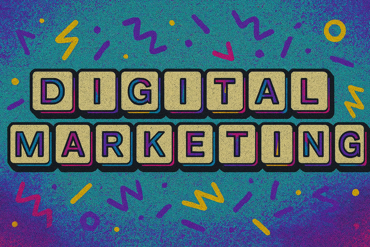 Vibrant, retro colored image of letters spelling out Digital Marketing