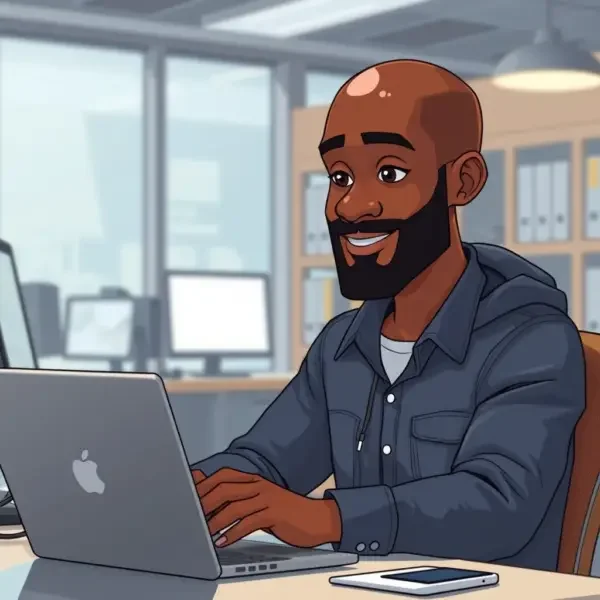 An illustrated man with a beard working on a MacBook in an office setting.