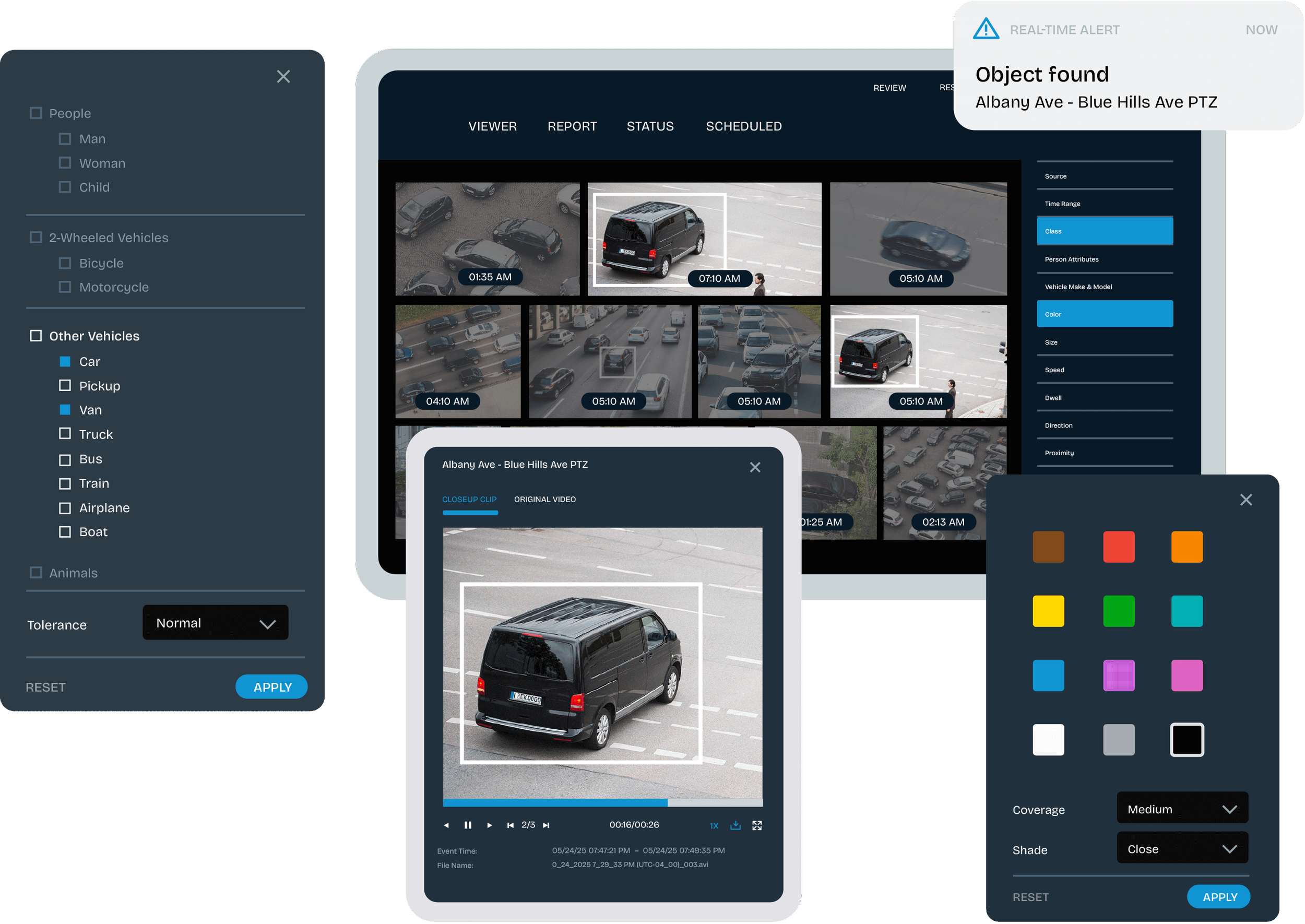 BriefCam AI video analytics dashboard showing object detection, vehicle tracking, advanced search filters, real-time alerts, and forensic video review interface across multiple camera feeds.