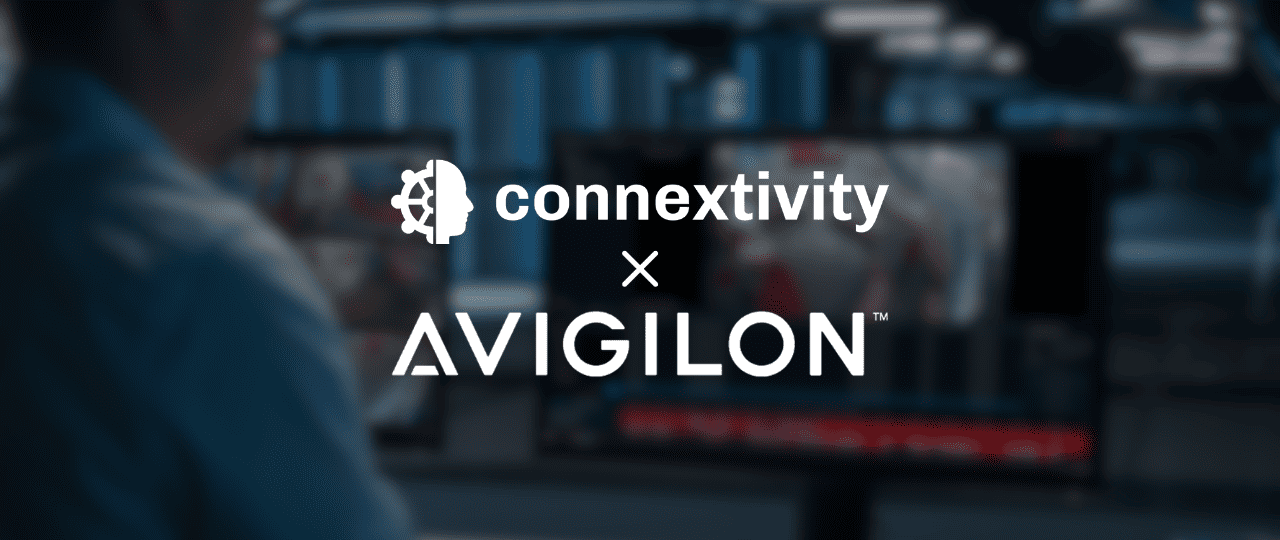 Connextivity and Avigilon partnership banner displayed over a security operations center background with surveillance monitors.