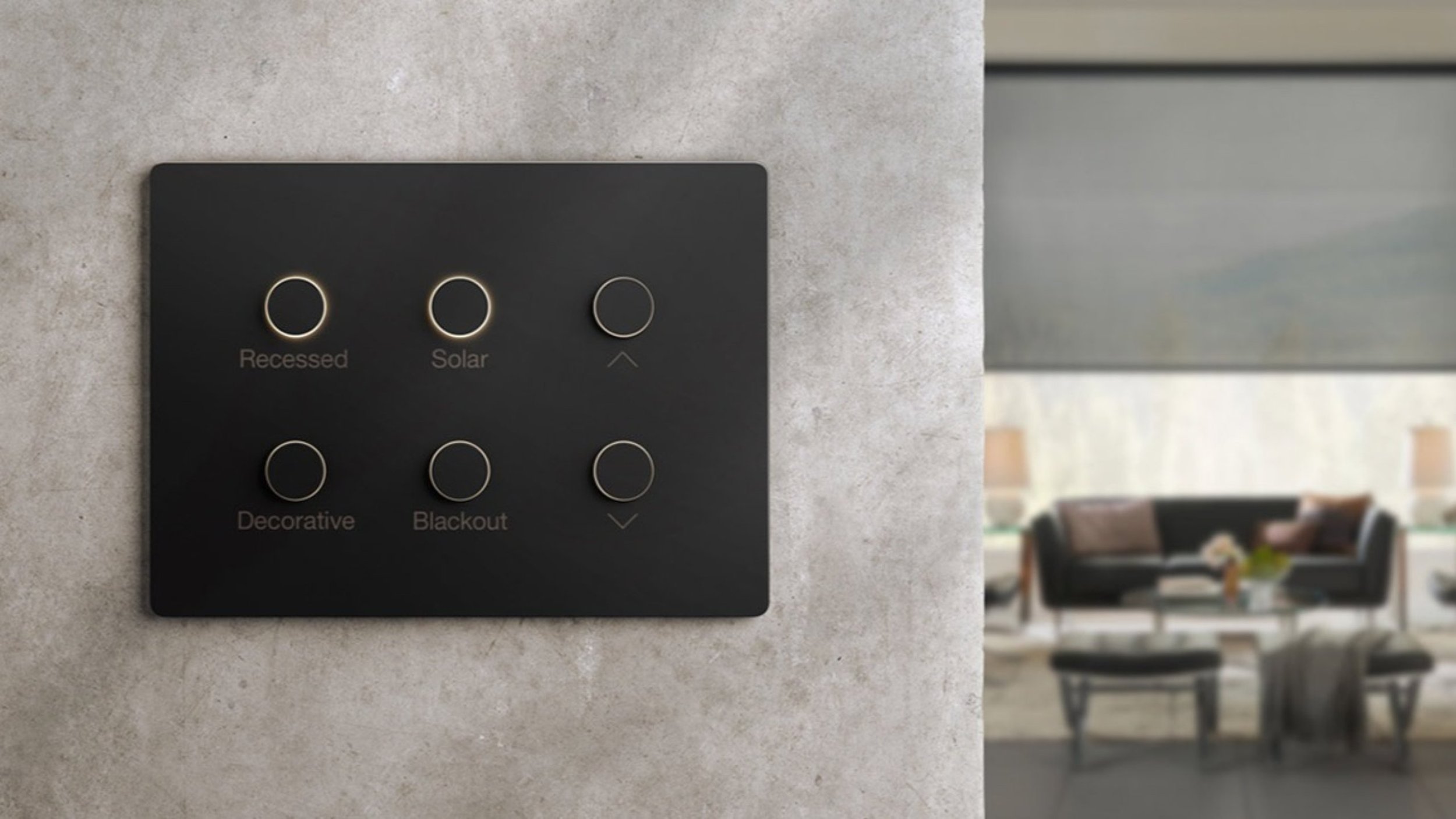 Lutron Alisse lighting control keypad installed on a wall for managing smart lighting scenes and window shading automation in modern interiors.