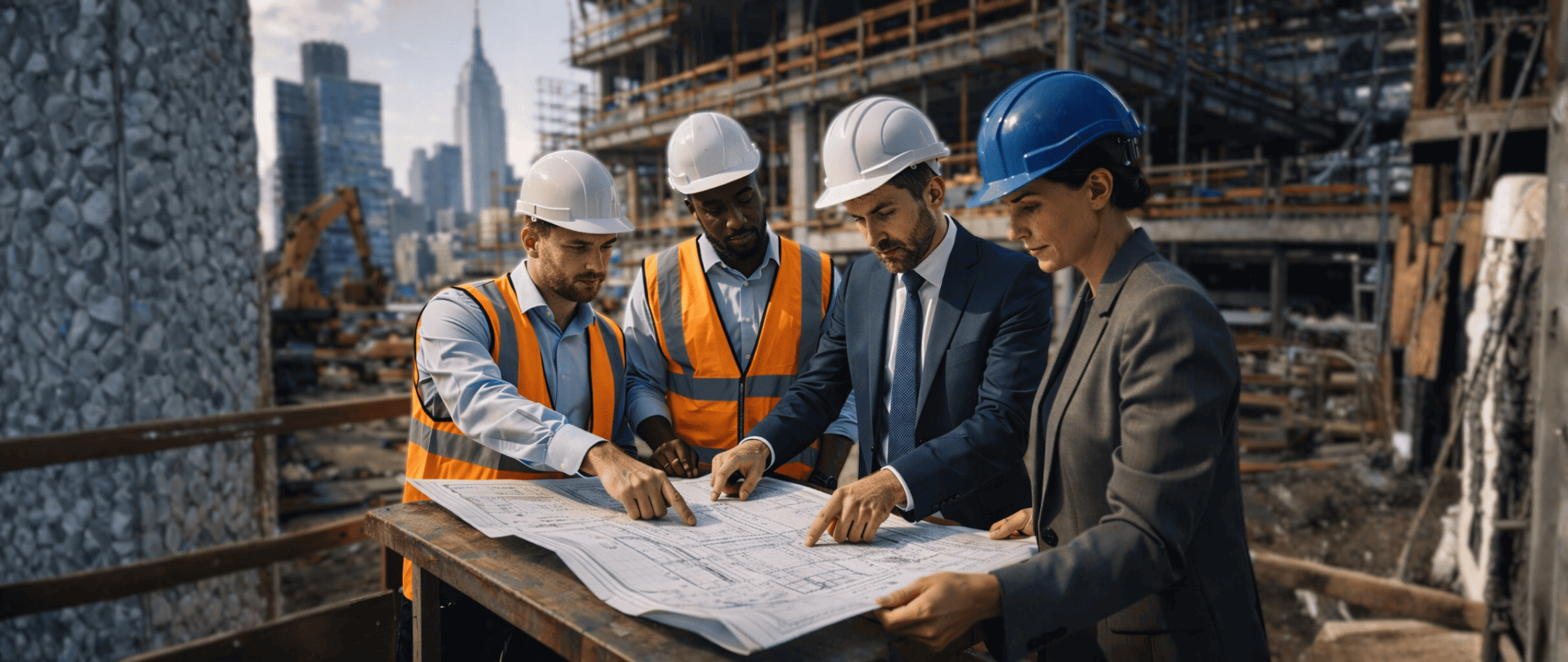 Architects and engineers reviewing blueprints at a New York City commercial construction site during early planning stages