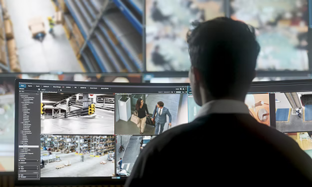 Security operator monitoring modernized surveillance systems with multiple camera feeds in a commercial security operations center.