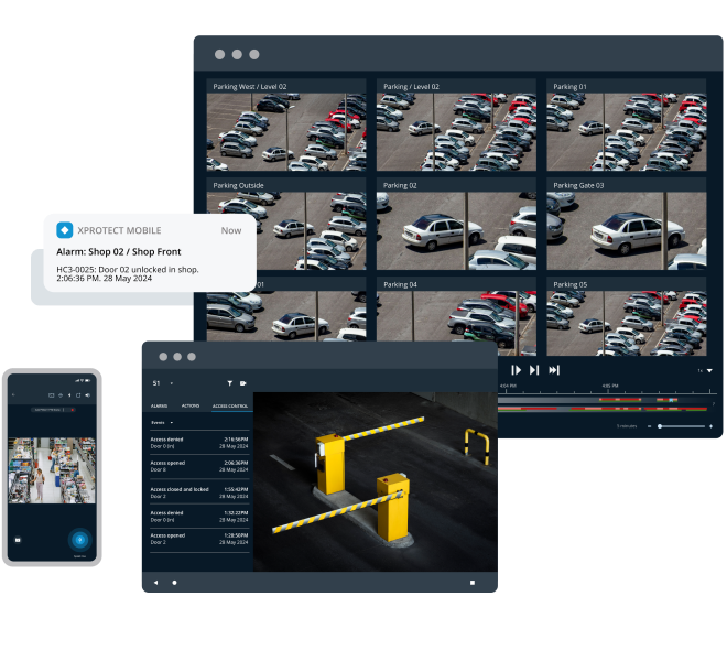Milestone advanced security ecosystem interface showing XProtect VMS, Arcules cloud video surveillance, and BriefCam AI analytics with multi-camera monitoring, access control, alerts, and video playback timeline in a unified dashboard.