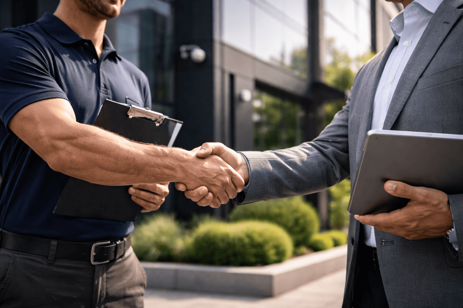 Security professional and commercial client shaking hands outside an office building after a security consultation and system assessment