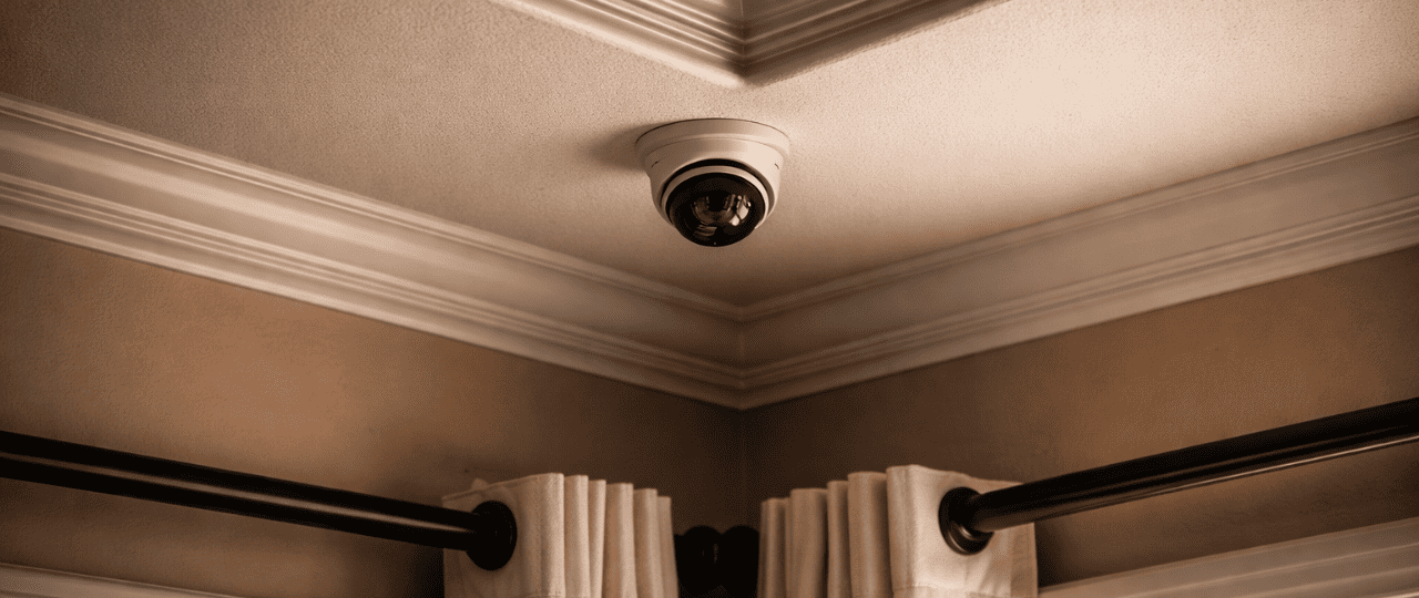 Ceiling-mounted dome security camera installed inside a residential apartment unit, discreet indoor surveillance setup in a New York City multifamily building.