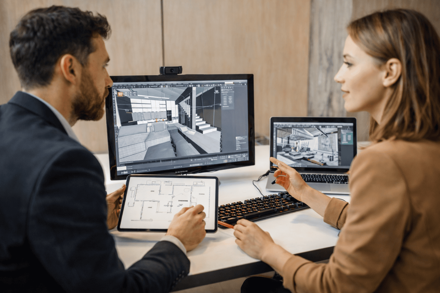 Security professionals reviewing a commercial building design on computer screens while planning a smarter integrated security system for a business property.