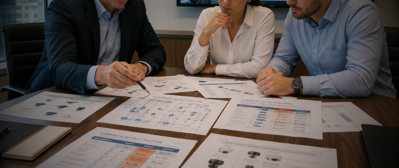 Security consultant reviewing commercial security system plans and contractor bids with clients before selecting a solution in Manhattan, NYC.