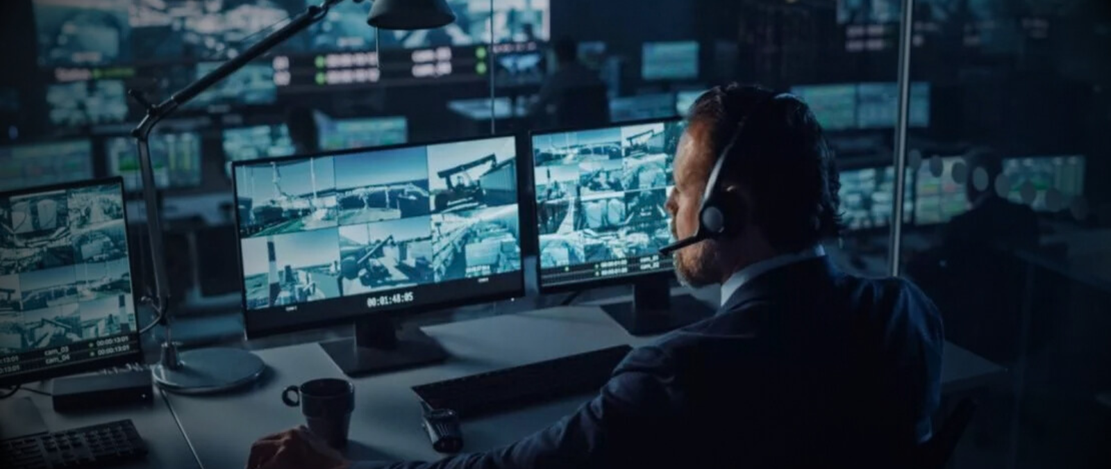 Security operator monitoring multiple surveillance camera feeds in a commercial security control room.