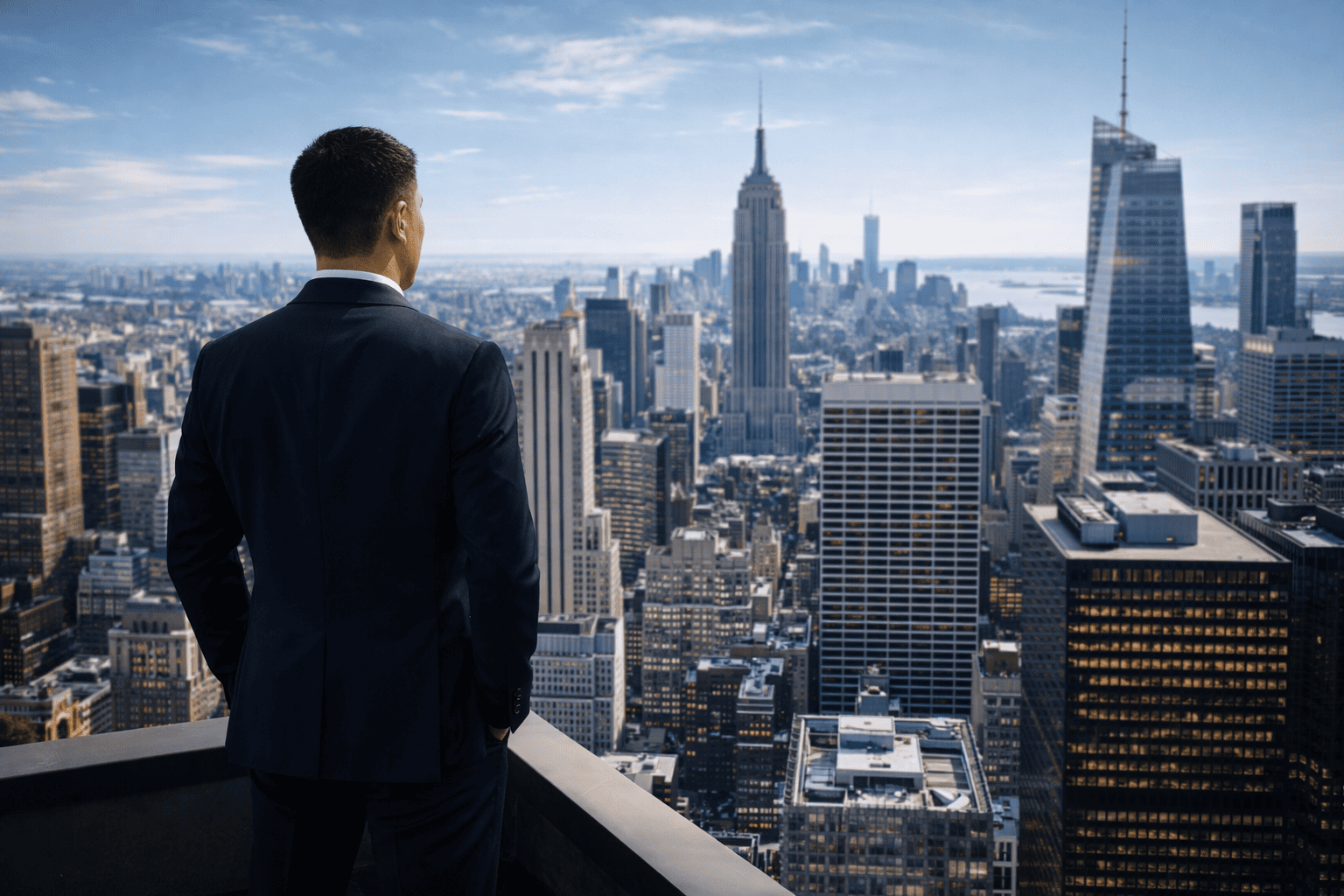 Business professional overlooking the New York City skyline, representing strategic planning for commercial security solutions in NYC