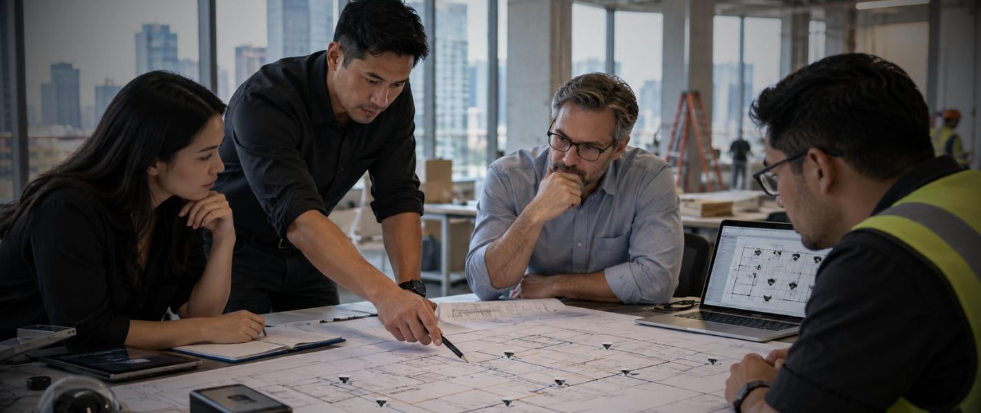 Security designer reviewing camera, access control, and network locations on commercial building plans