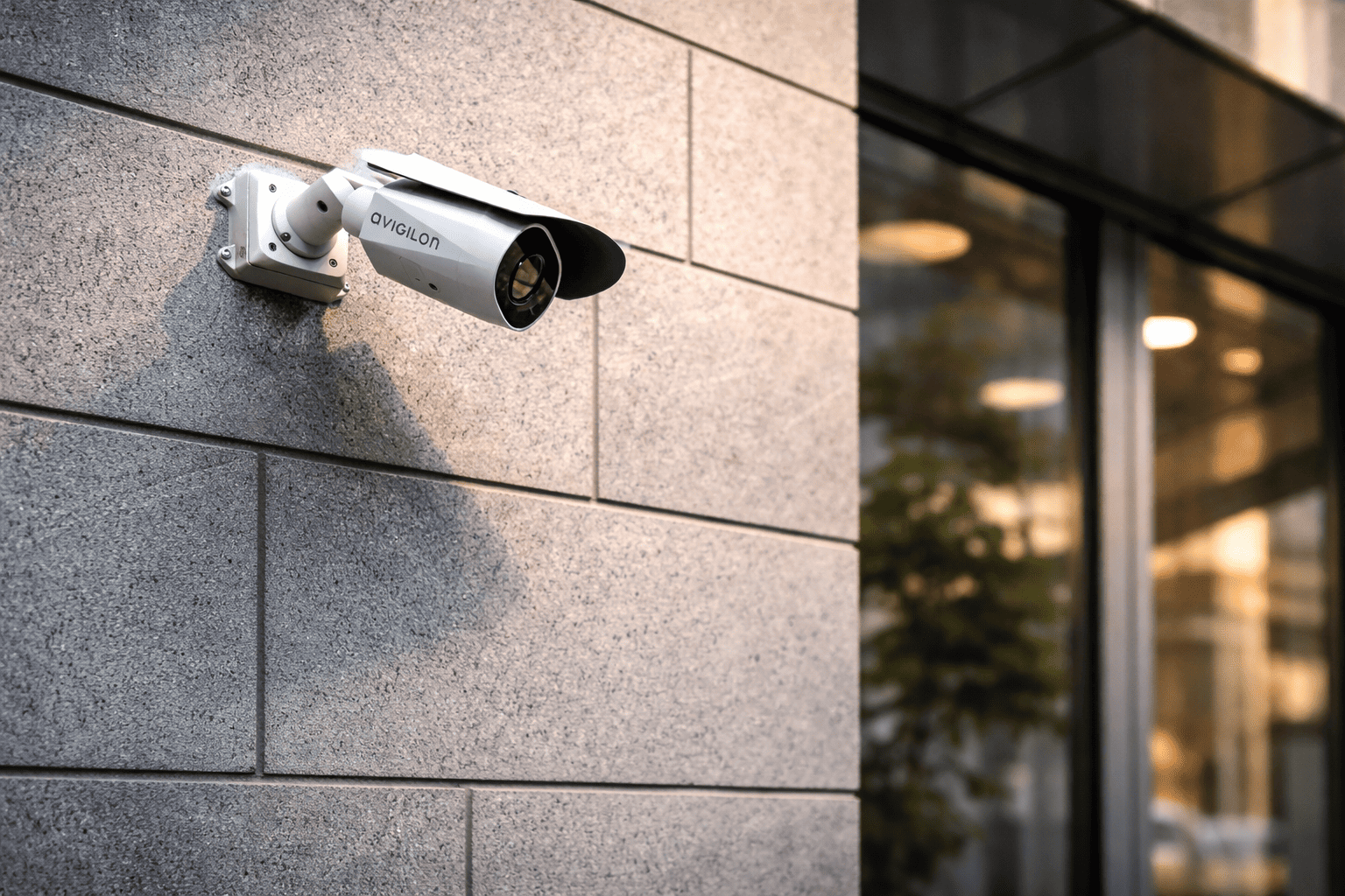 Avigilon commercial security camera mounted on the exterior wall of a modern building for professional video surveillance and property protection.
