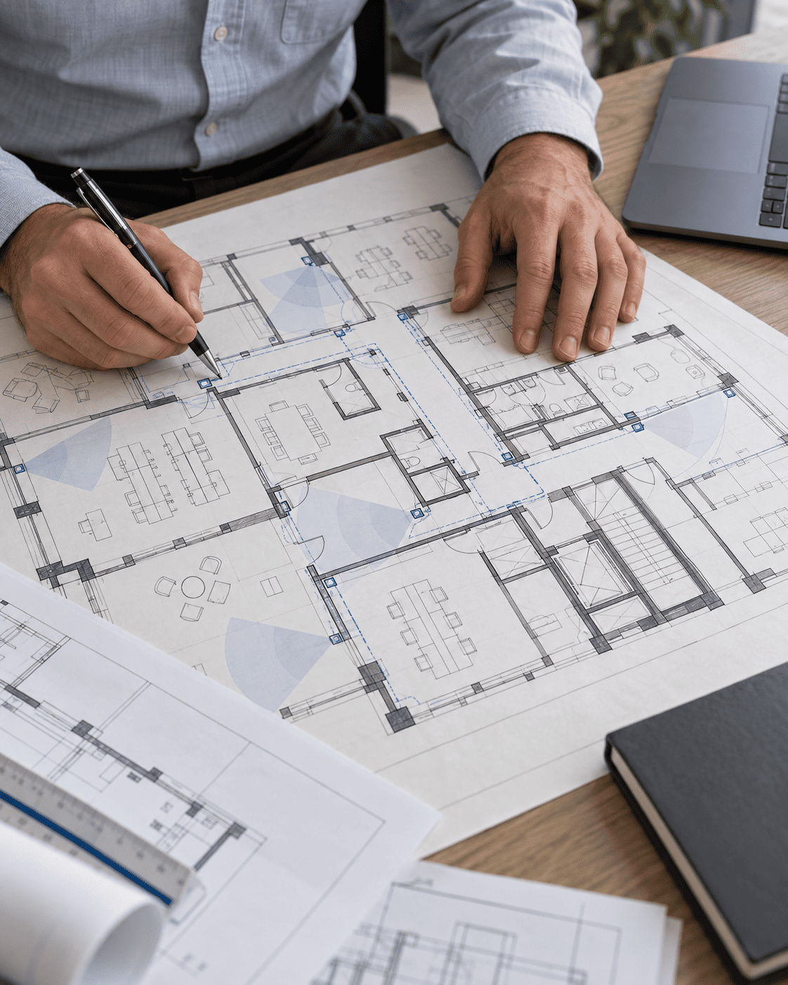 Engineer marking camera locations, access-control readers, and conduit routes on a commercial office floor plan.