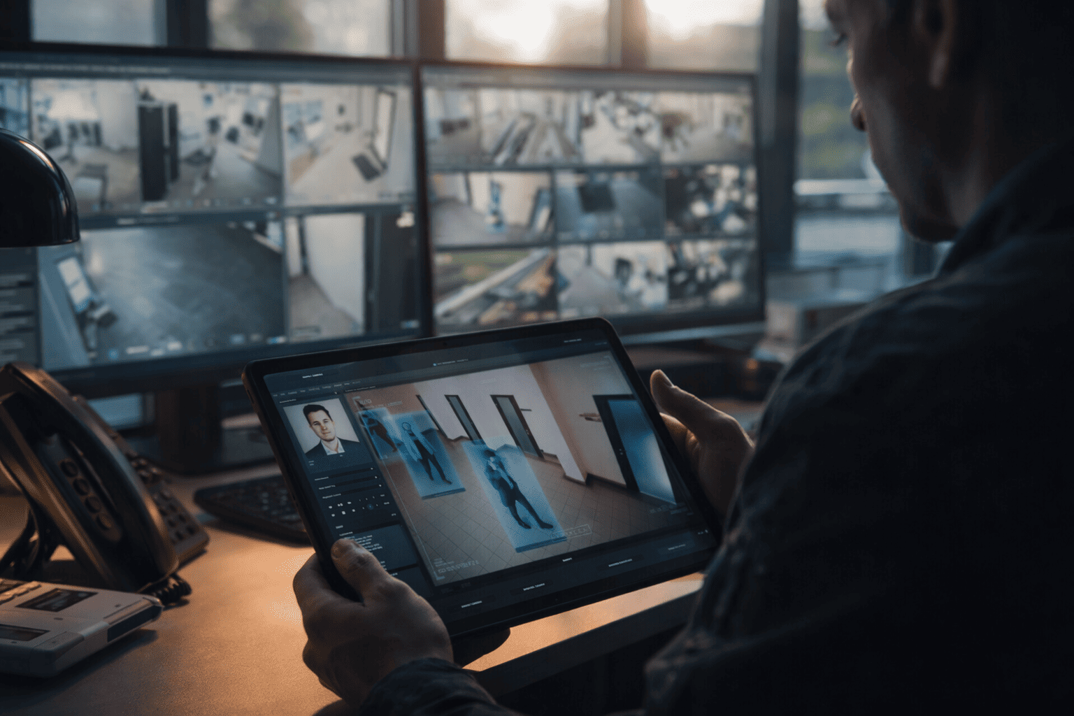 Security professional monitoring multiple surveillance camera feeds on desktop screens while analyzing facial recognition data on a tablet in a modern security operations center during daytime.
