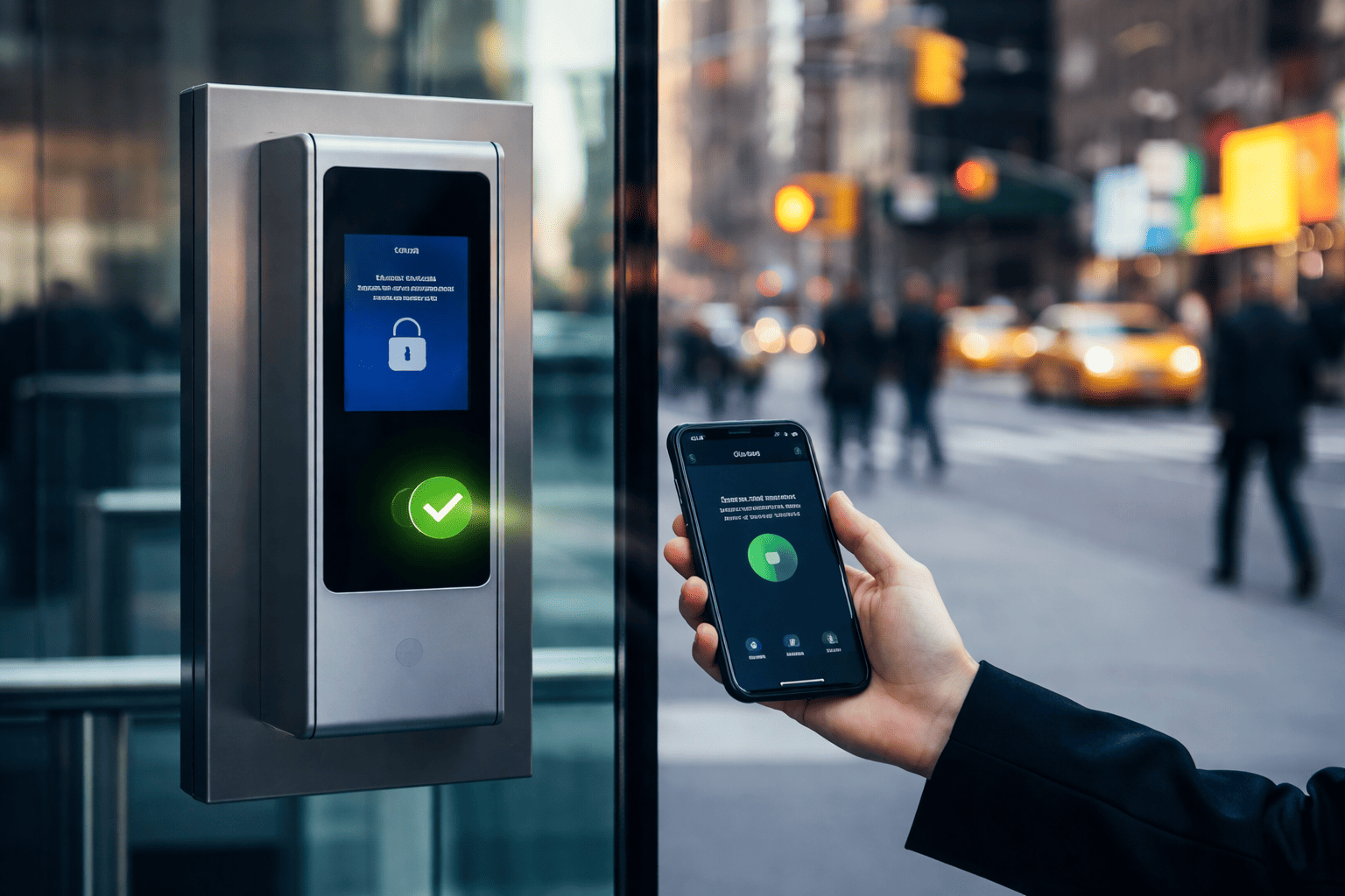 Mobile phone unlocking commercial access control system at NYC building entrance.