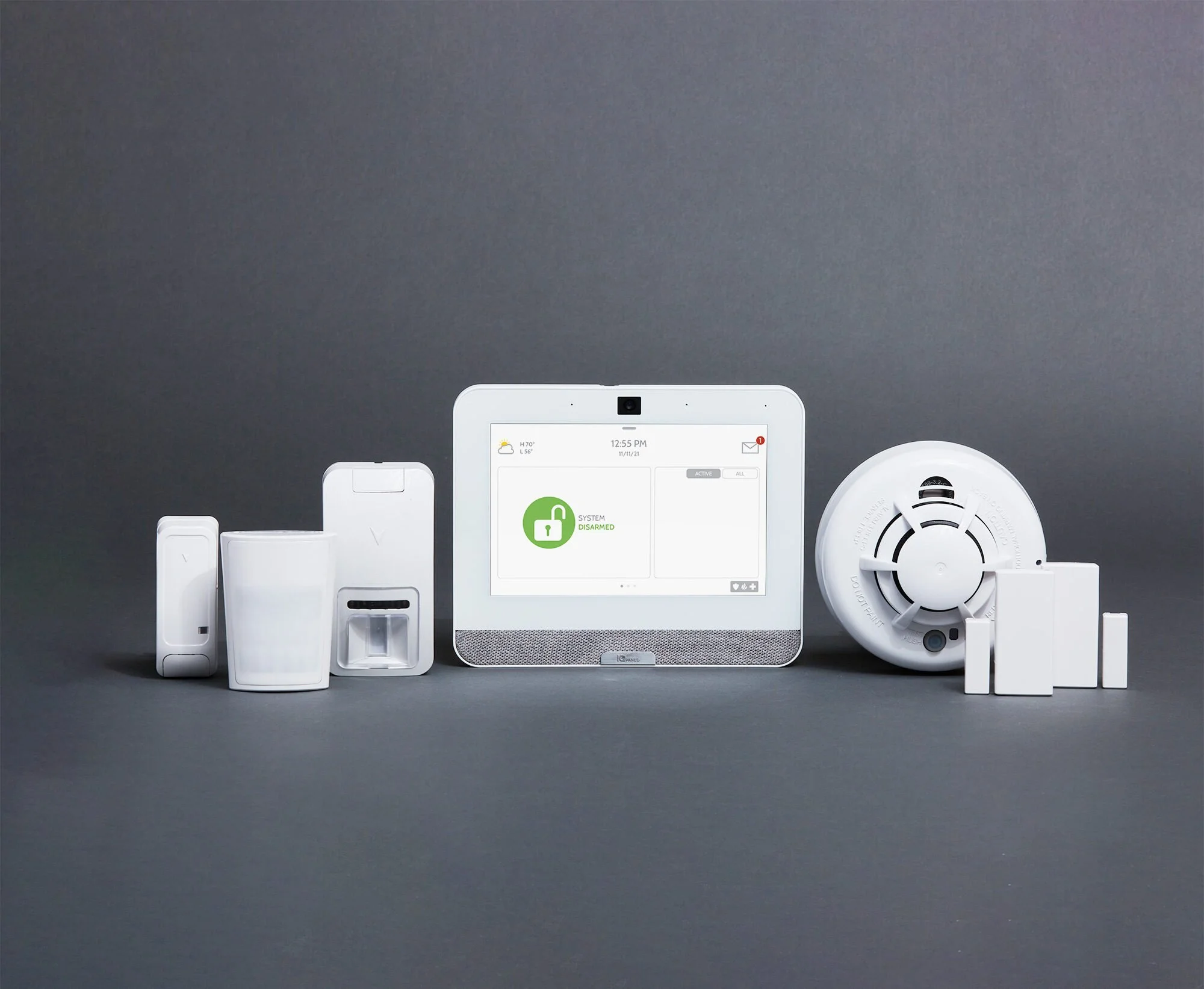 Qolsys smart security system panel with sensors for intrusion detection and automation