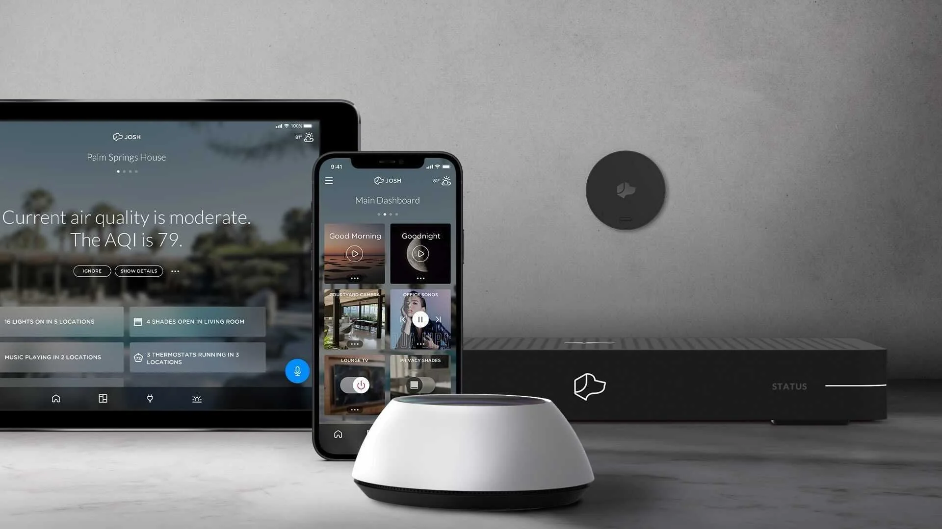 Josh AI app on a tablet and phone alongside a Josh Micro, showing room-by-room lighting, shade, music, and thermostat status.