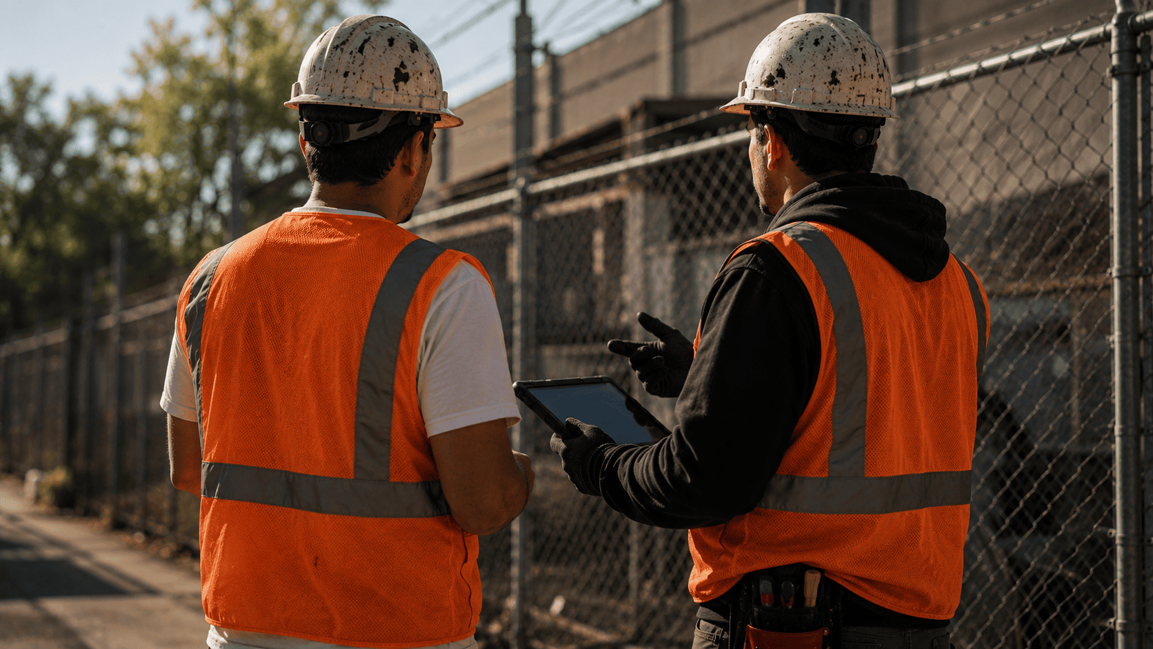Security technicians reviewing commercial security infrastructure during onsite assessment in NYC.