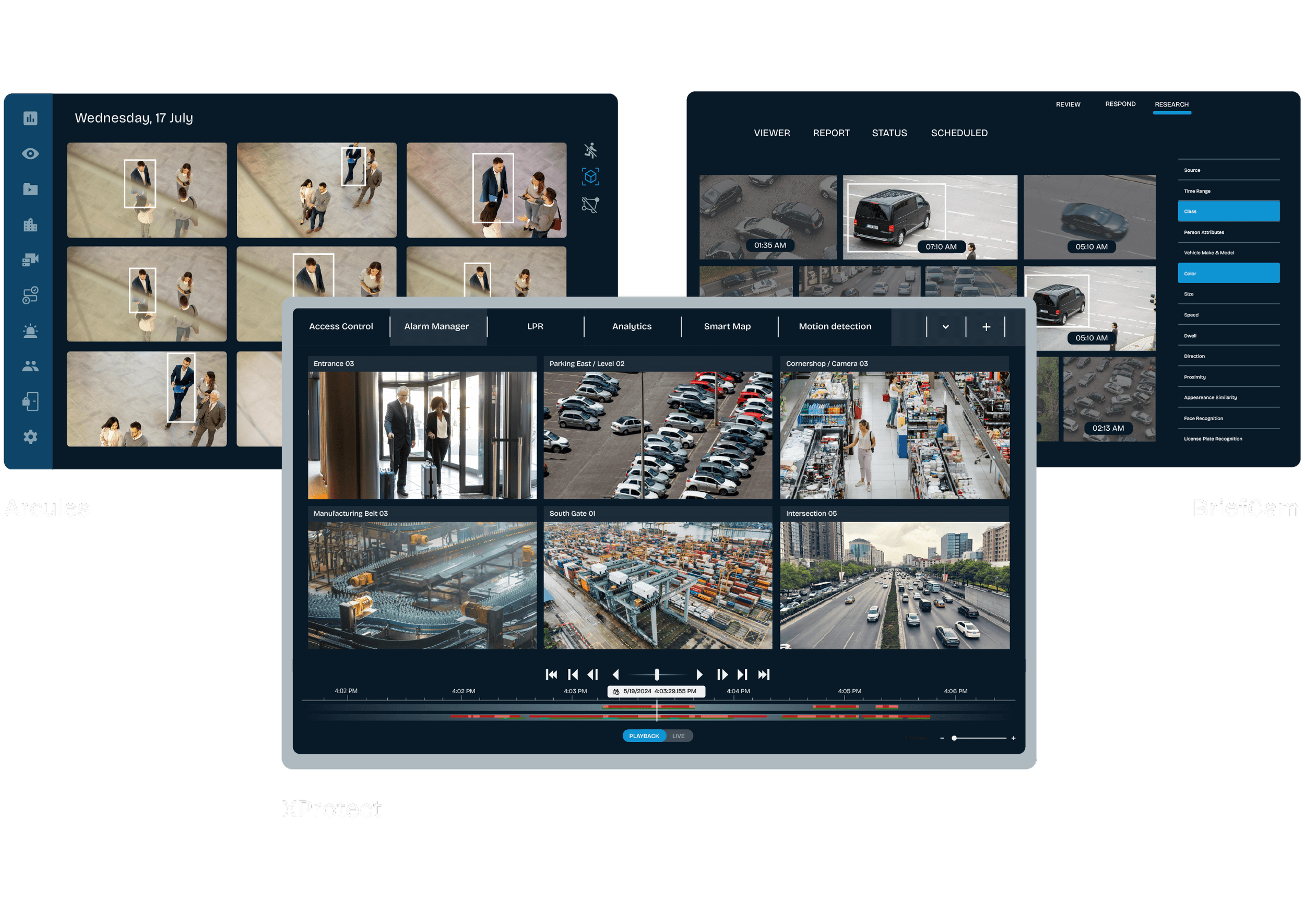 Milestone XProtect, Arcules, and BriefCam unified security dashboard showing multi-camera views, video analytics, object detection, access control integration, and centralized monitoring across multiple locations.