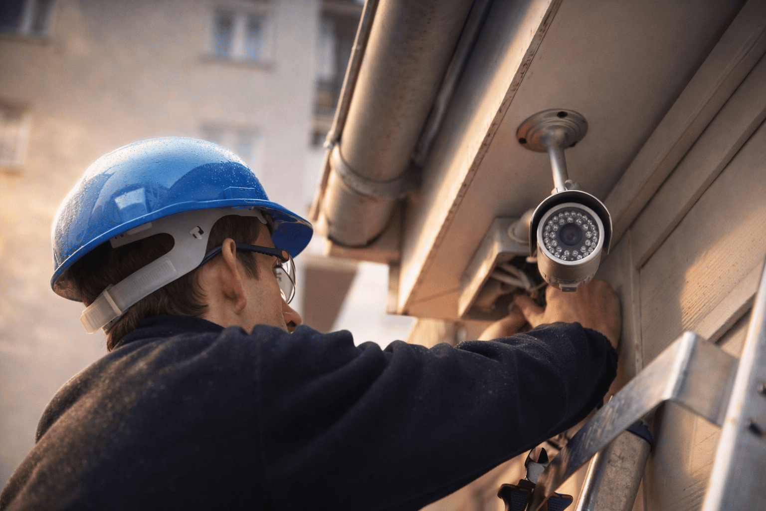 Technician performing preventive maintenance on an outdoor security camera system.