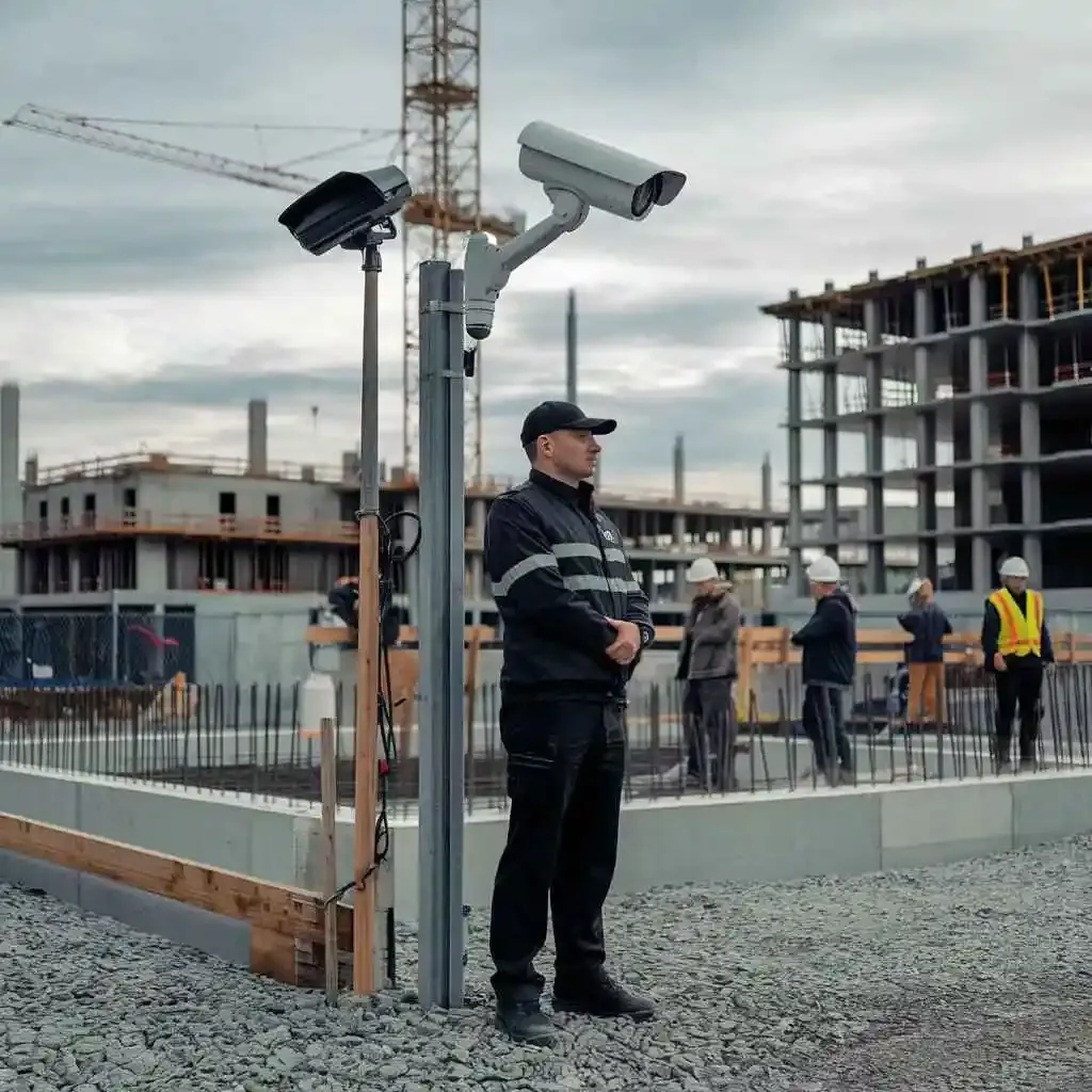 Security personnel and surveillance systems monitoring activity at a construction site to protect equipment and ensure site safety.