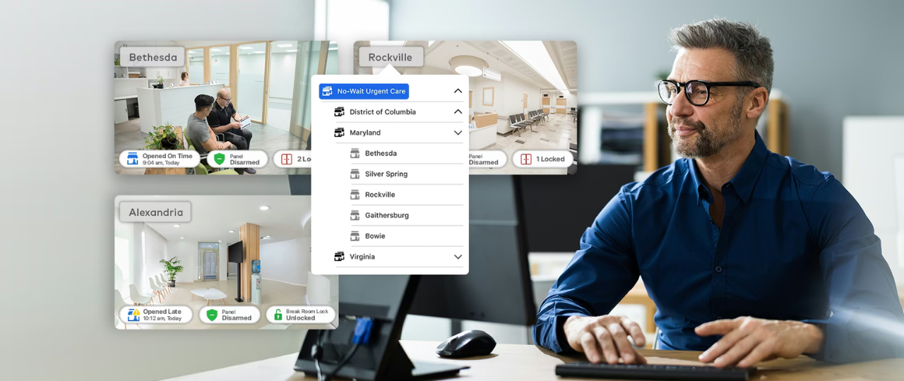 Alarm.com commercial security monitoring dashboard showing multiple locations and real-time system status.