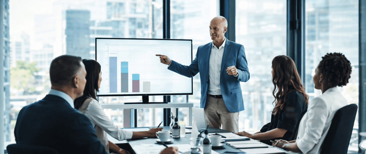 Commercial security consultation meeting where a specialist presents risk and performance data to stakeholders during a system planning session