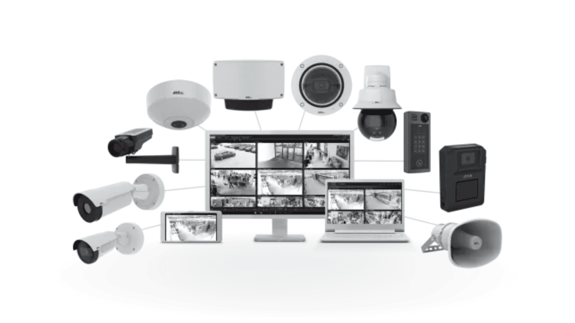 Axis network video surveillance system with multiple security cameras, monitoring software, and integrated security devices.