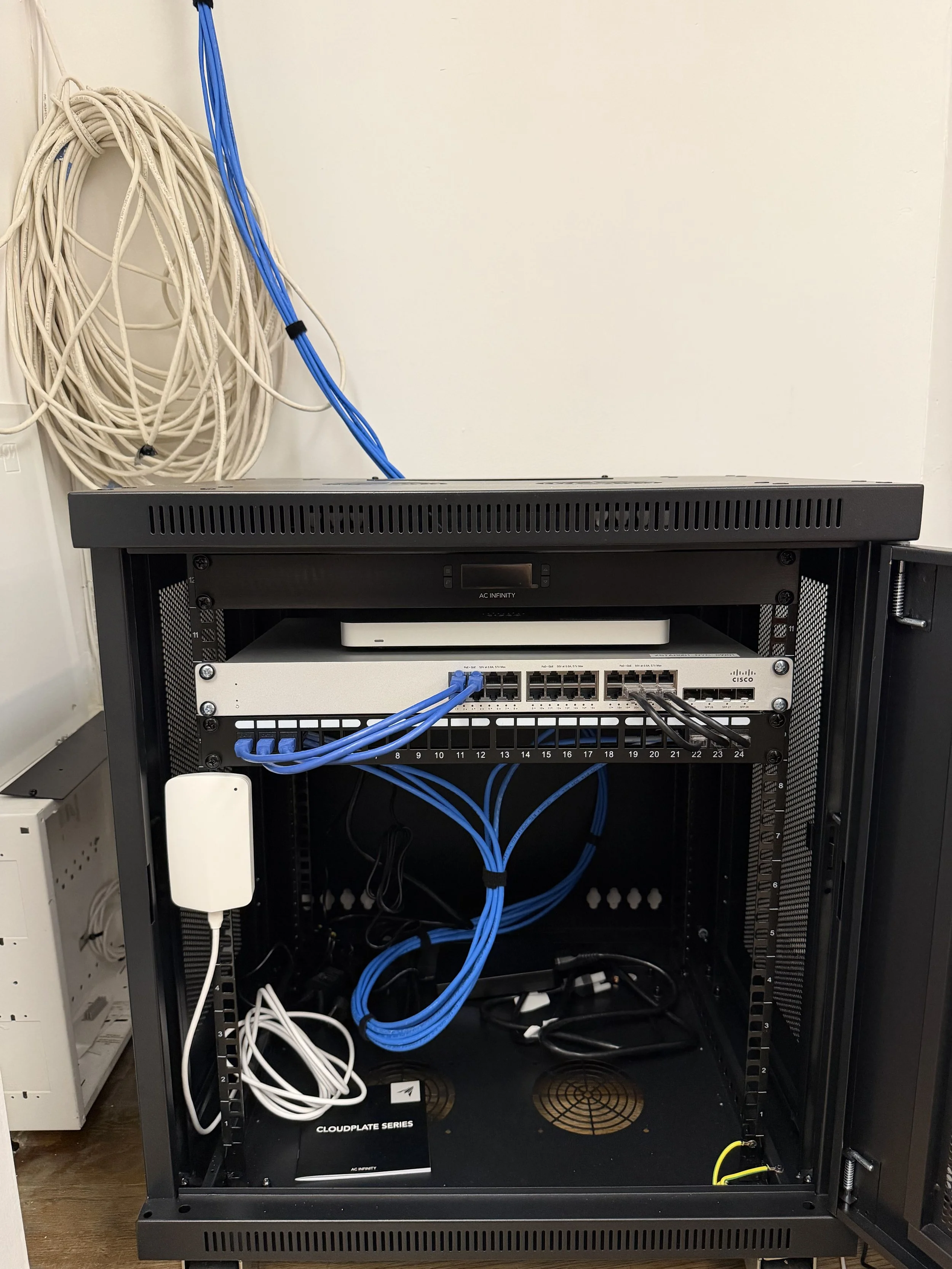 Network equipment rack with bundled blue cabling running to the patch panel