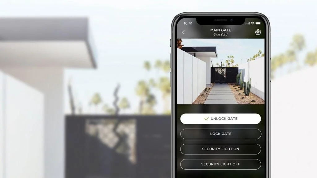 Josh AI app showing a main gate camera view with unlock, lock, and security light controls.