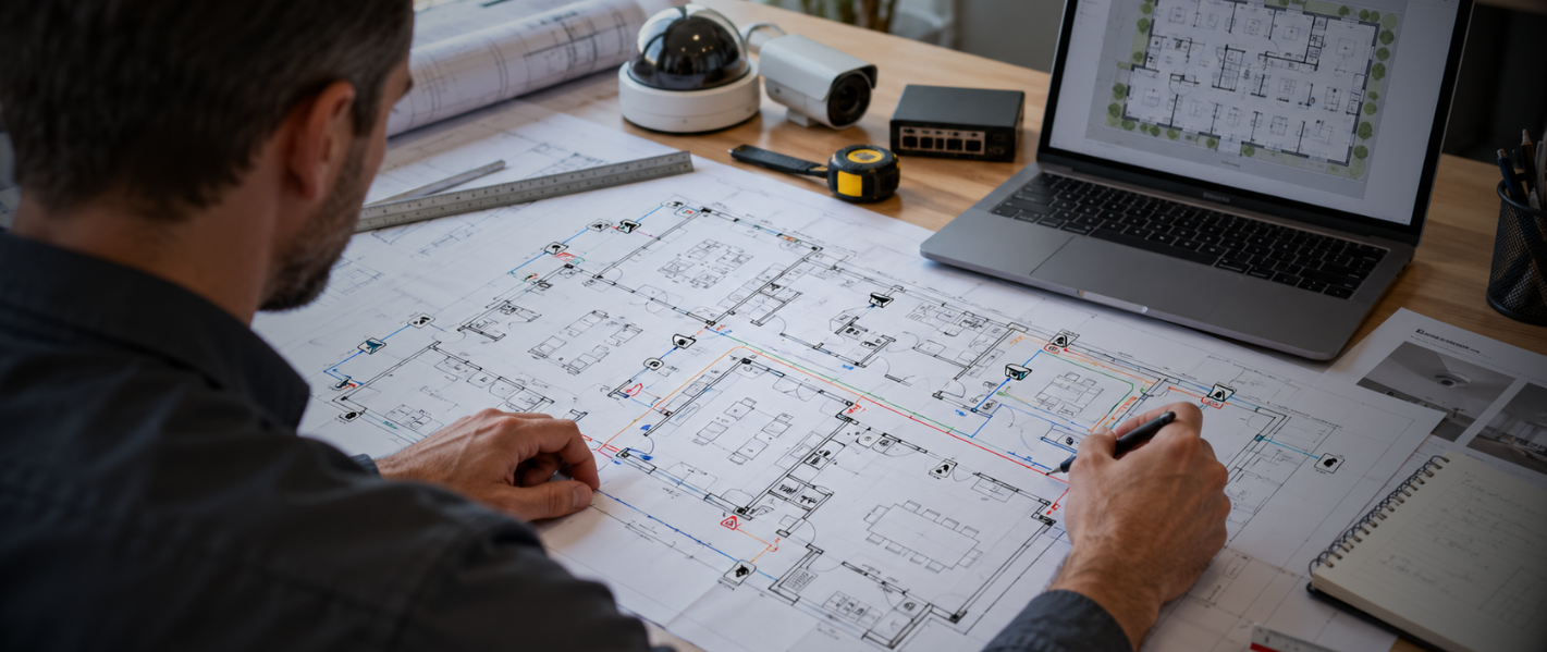 Project team reviewing physical security drawings and specifications for a commercial building