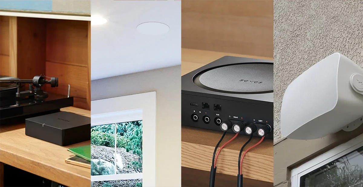Sonos multi-room audio system with indoor and outdoor speakers installation
