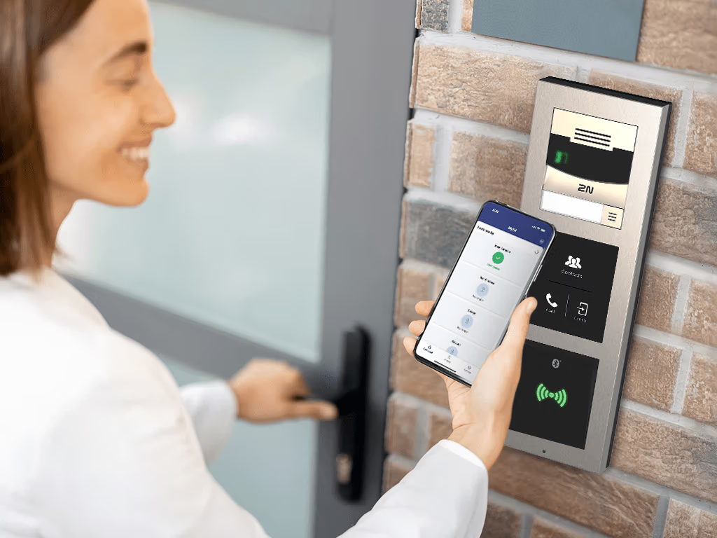 2N mobile access system using smartphone app to unlock secure building doors