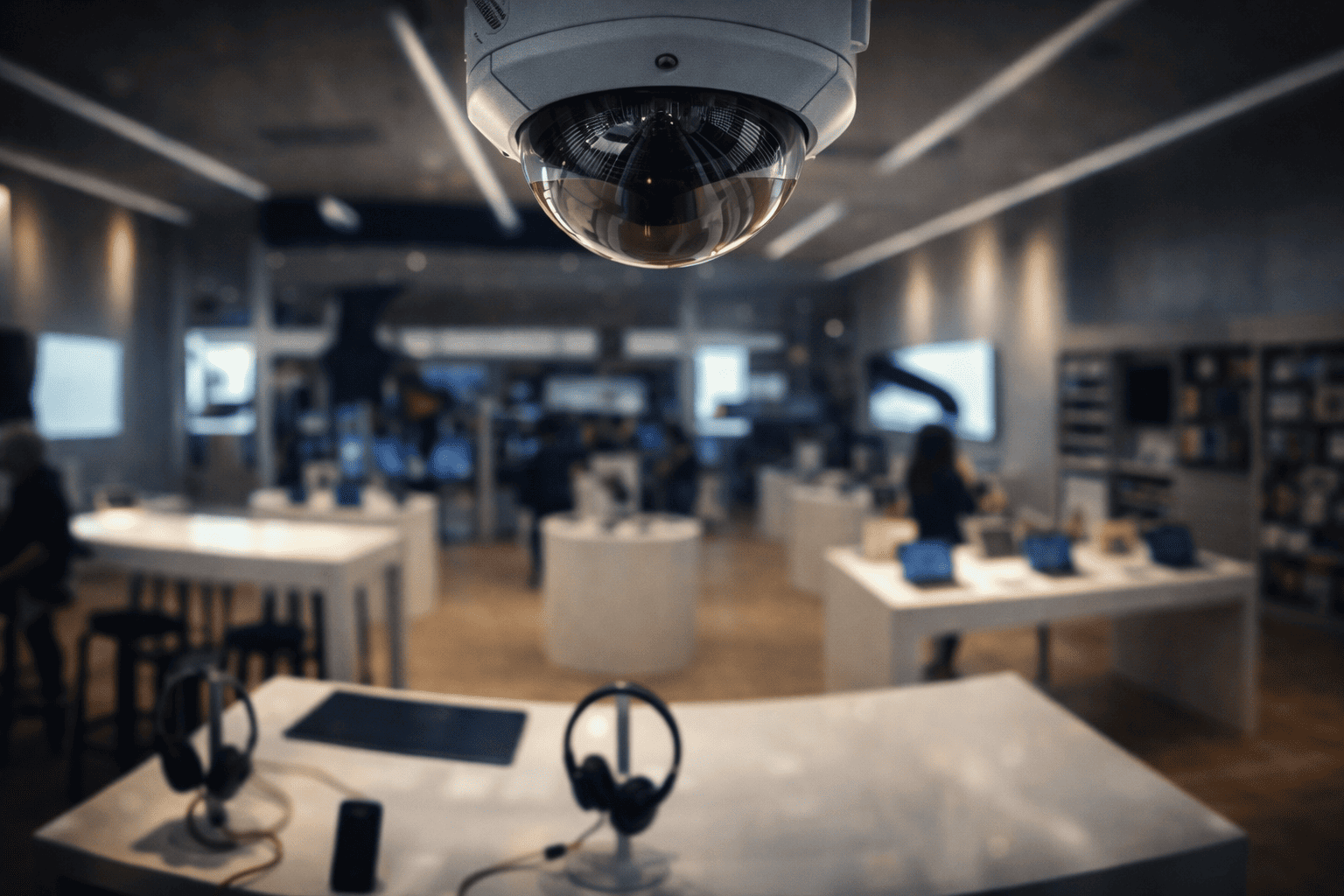 Security camera monitoring retail store interior for theft prevention and customer safety