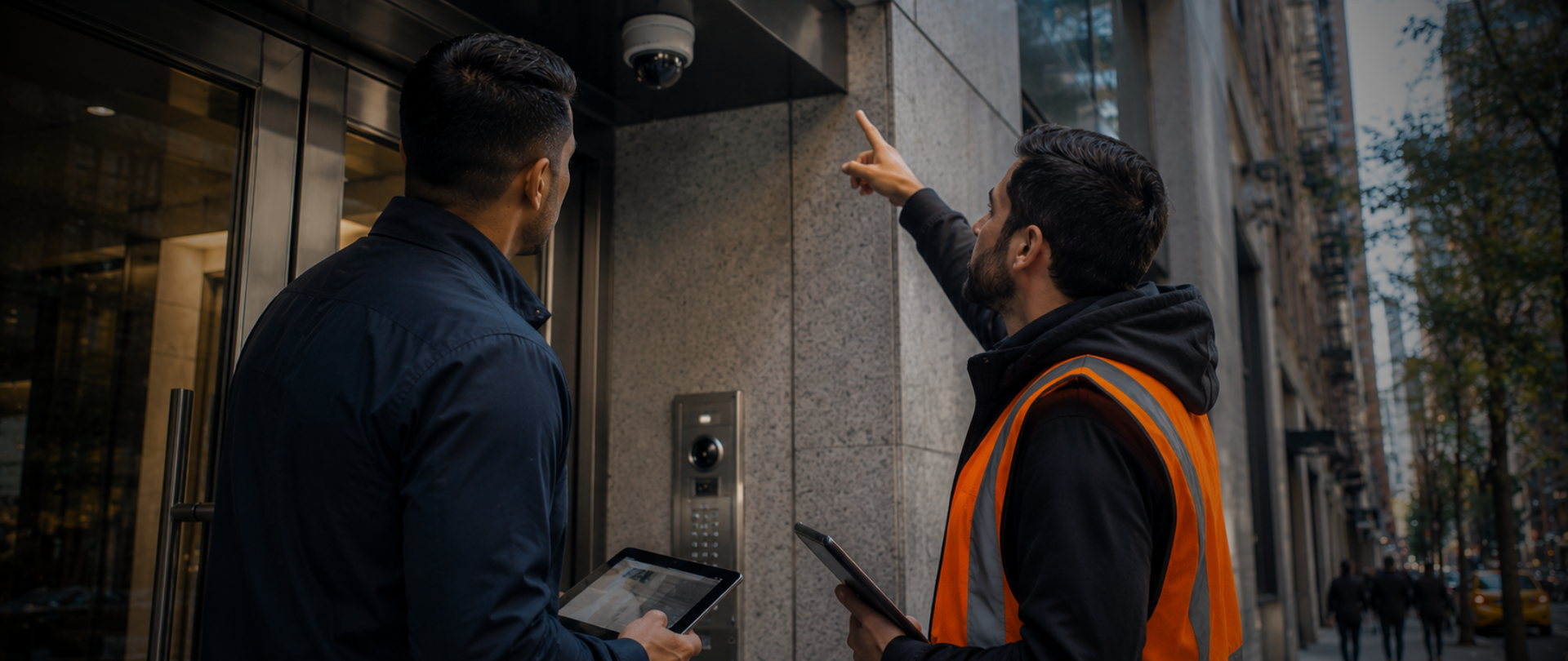 Security consultant and technician reviewing exterior surveillance camera placement at NYC commercial building entrance.