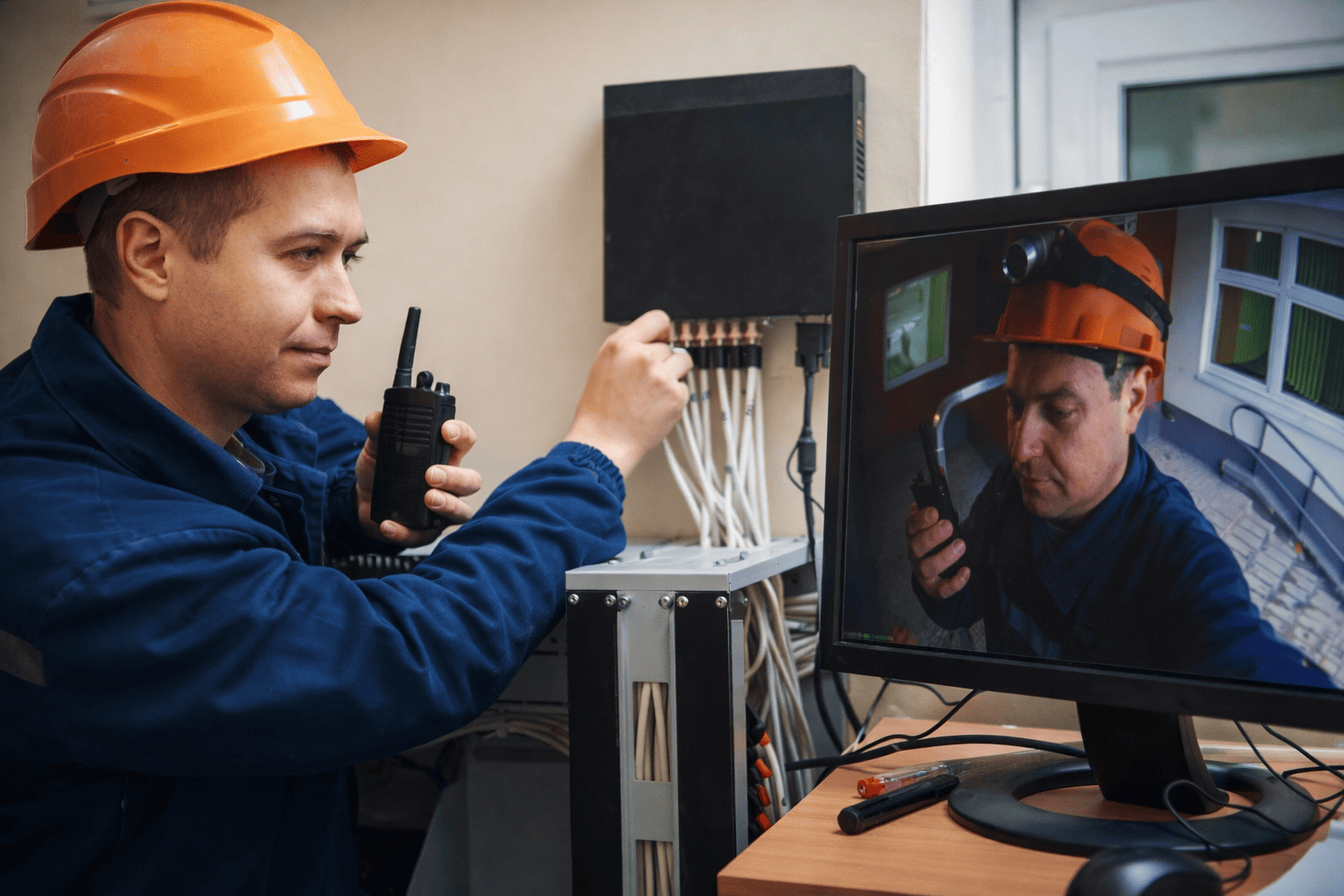 Technician performing security system maintenance while monitoring live camera feed on screen.
