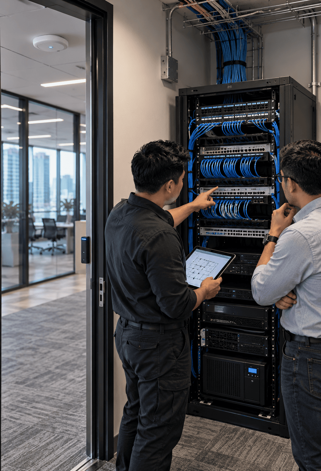 Technician checking a compact office network rack with organized patch panels, switches, and cabling.