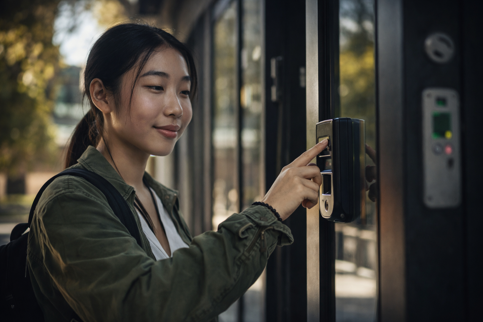 Student using access control system to enter school campus building securely