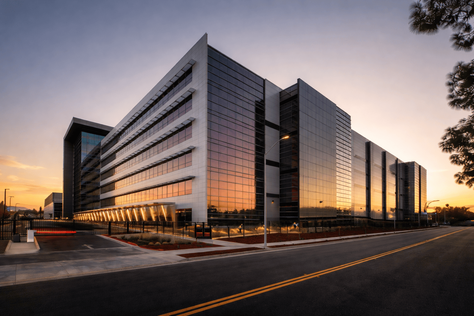 Modern commercial office building secured with integrated security systems including surveillance and access control.