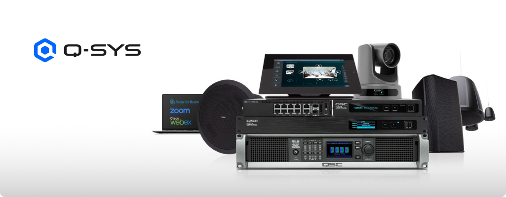 Q-SYS integrated AV and control system with speakers, camera, and touch panel interface