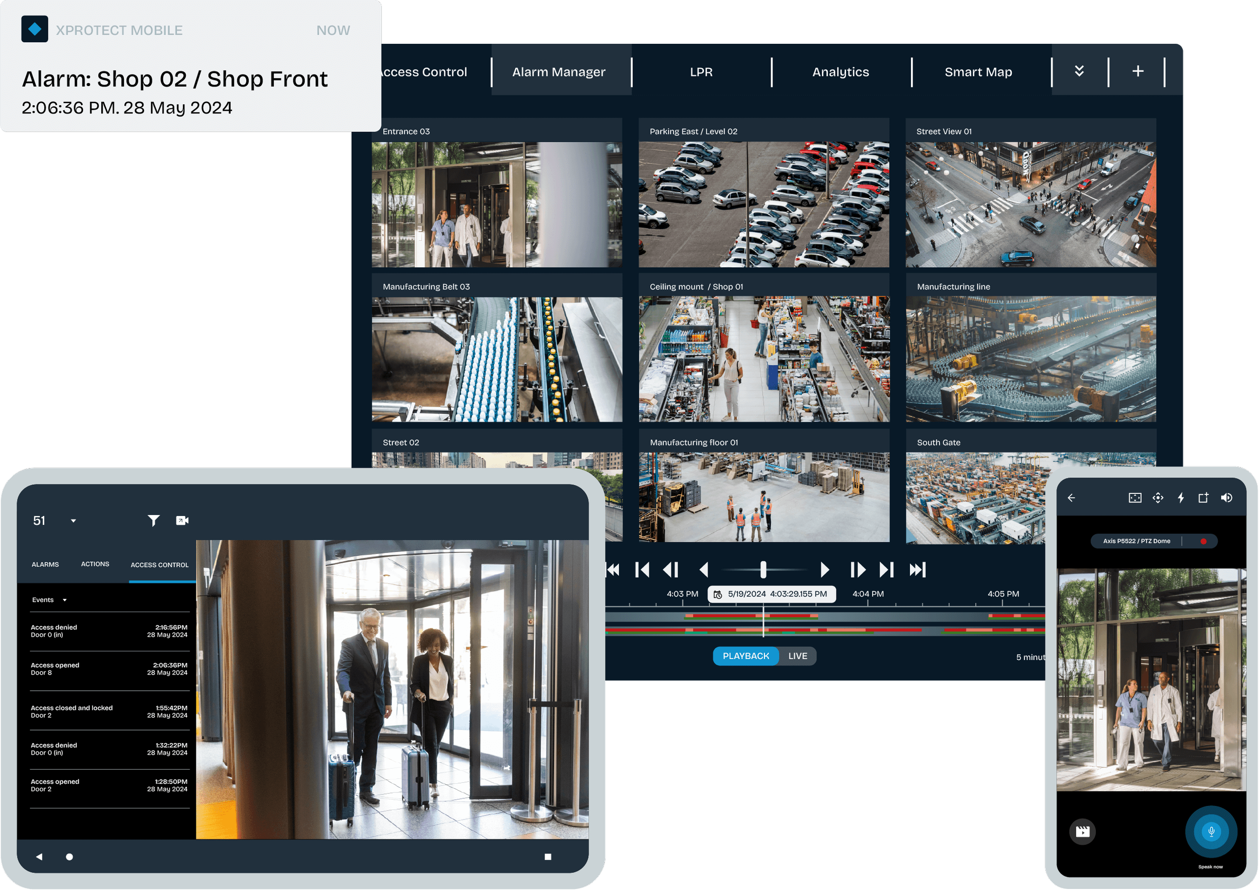 Milestone XProtect VMS interface displaying centralized monitoring dashboard with multiple camera feeds, alarm alerts, playback timeline, and access control events.