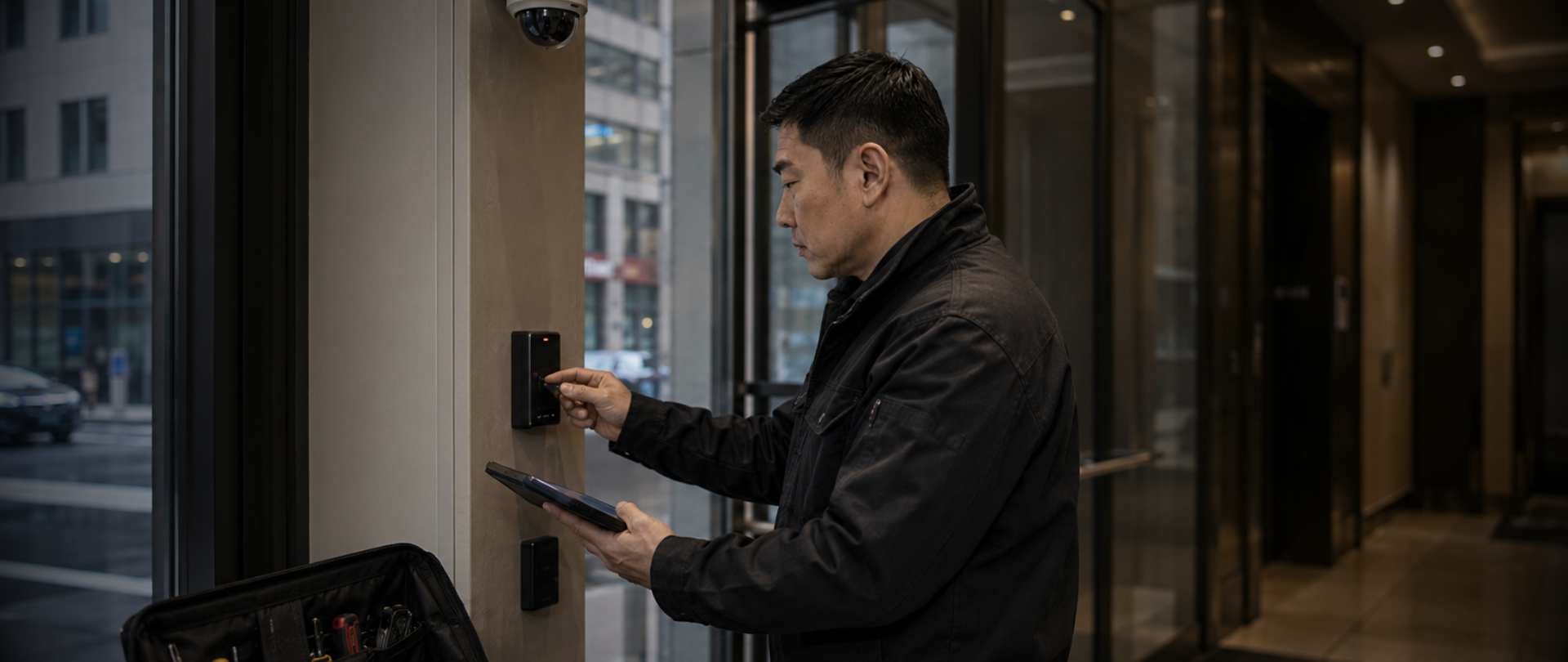 Security consultant and technician reviewing surveillance camera placement outside a commercial building entrance in New York City.
