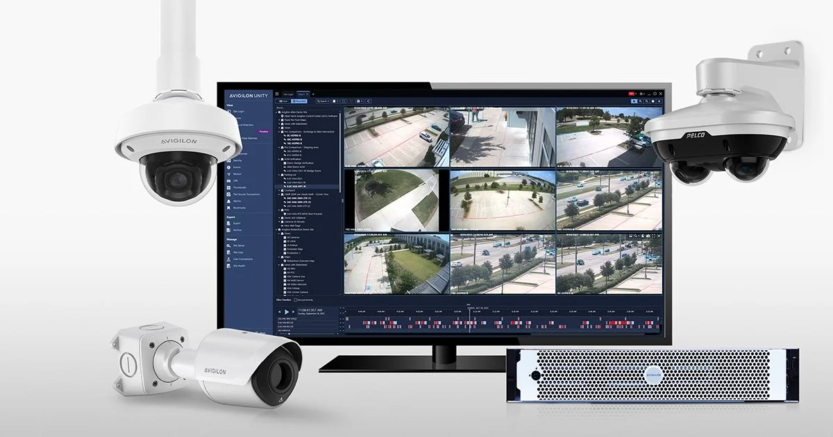 Avigilon video surveillance platform showing multiple security cameras connected to a central monitoring system.