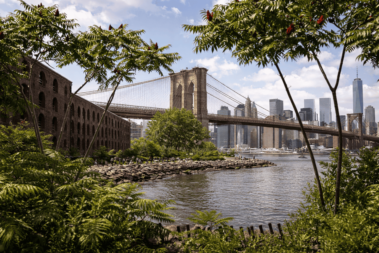 Brooklyn waterfront view with the Brooklyn Bridge and commercial buildings in New York City.