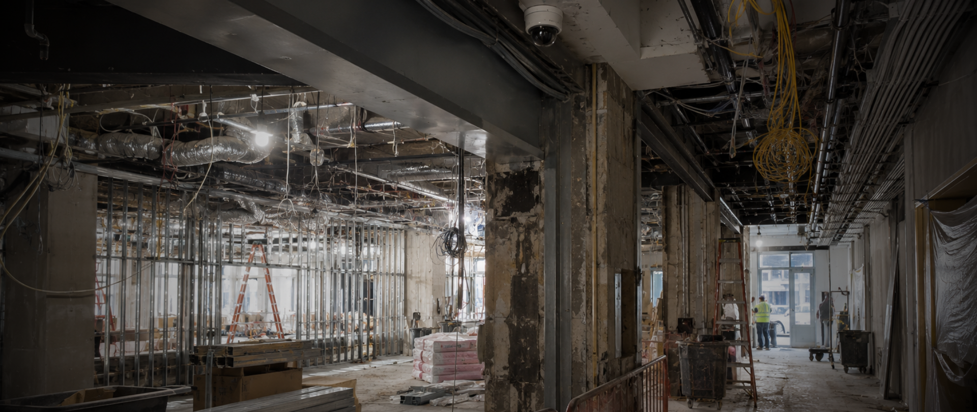 Commercial building under construction with installed surveillance camera system in NYC property development project.