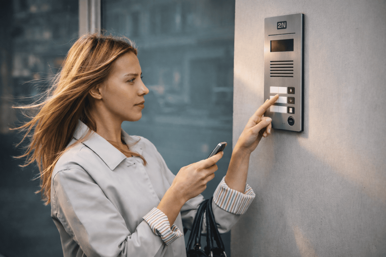 Woman using a 2N IP intercom access control system with mobile phone for integrated security and remote building access management.