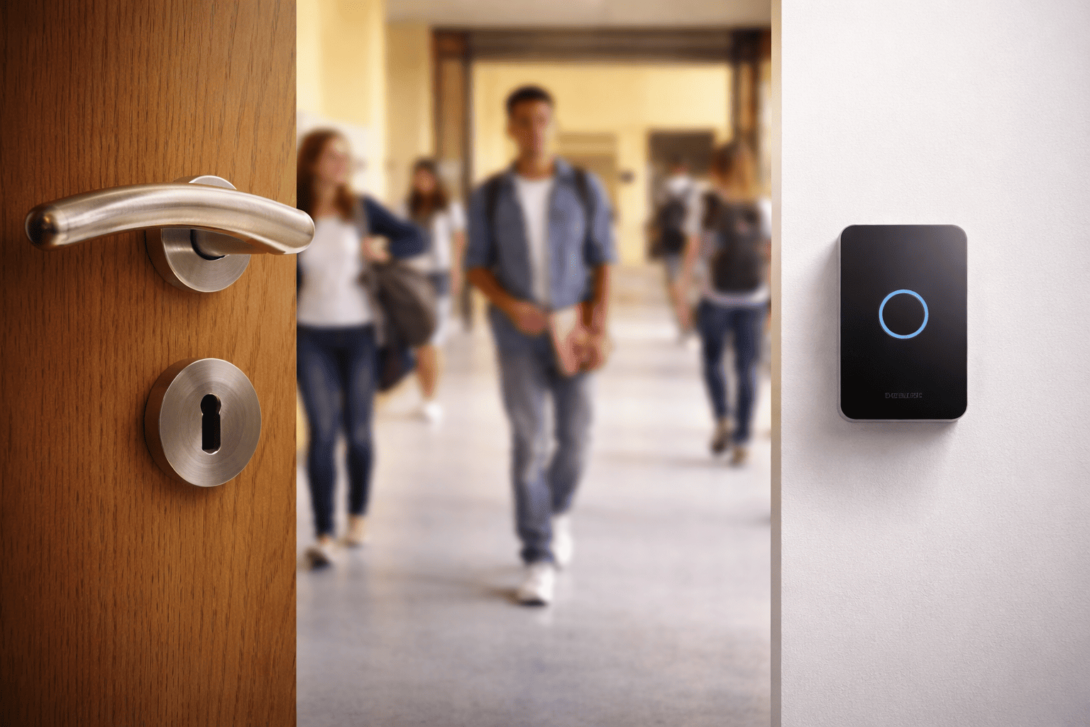 Access control system installed on campus door for secure entry in educational institution